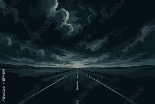 Dramatic Road Adventure. Serene highway stretching into the horizon under a dramatic cloudy sky, moody tones and sharp contrasts,