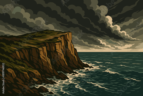 Dramatic Ocean Cliffs. Scenic ocean cliff under dramatic storm clouds, rugged and powerful vector illustration natural tones,