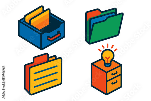 Mental Filing System. Isometric vector illustration set Mental Filing System: Thought drawer, memory folder, index tab, idea