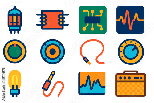 Analog Amplifier Icons. Flat vector icons of Analog Amplifier: vacuum tube, audio transformer, circuit board, sound wave, power