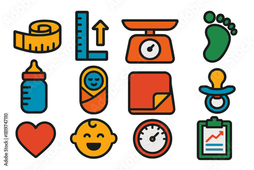 Baby Growth Icons. Flat vector icons of Baby Growth Tracking: measuring tape, growth chart, baby scale, tiny footprint, baby