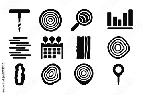 Dendrochronology Icon Set. Solid style icons of tree ring studies: increment borer, crosscut log, magnifying lens on rings, ring