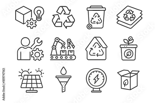 Eco Manufacturing Icons. Line style icons of Eco Manufacturing: Product Prototype, Recycling Arrows, Waste Management, Material