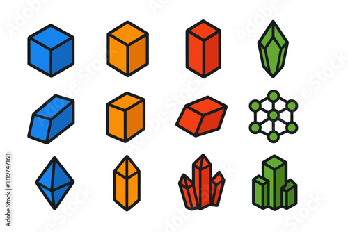 Colorful Crystal Icons. Flat vector icons of Crystal Structures: cubic crystal, hexagonal prism, tetragonal shape, trigonal