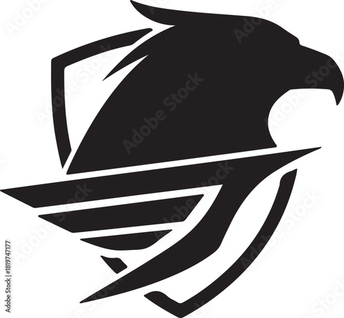 Stylized black eagle or hawk head logo with abstract wing and shield elements, vector emblem representing strength, power, and speed.