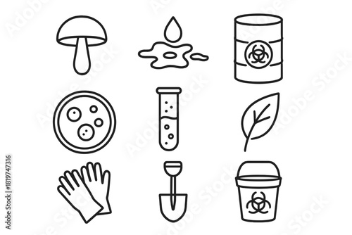 Toxic Soil Cleanup Icons. Line style icons of Toxic Soil Recovery: Fungi, Oil Spill, Toxin Removal, Soil Detox; Petri Dish, Test