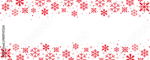 "Horizontal border design featuring a seamless pattern of red snowflakes and stars on a clean white background. This festive header or footer offers copy space in the center, perfect for winter and Ch