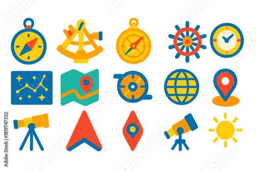 Navigation Tools Icons. Flat vector icons of quest for accuracy in navigation: compass, sextant, astrolabe, chronometer, star