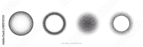 Dotted gradient sphere with grainy noise texture. Set of Halftone dots gradient round shape. Black and white pointillism elements. Stipple noise effect. Vector illustration