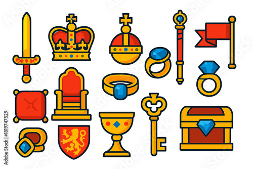 Coronation Icons Collection. Flat vector icons of Coronation Artifacts: ornate sword, crown with jewels, orb cross, sceptre rod,