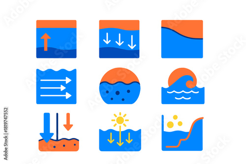 Ocean Sound Factors Icons. Flat vector icons of ocean environmental factors affecting sound: temperature layer, salinity gradient,