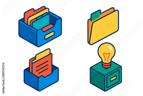 Mental Filing System. Isometric vector illustration set Mental Filing System: Thought drawer, memory folder, index tab, idea