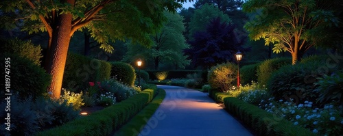 Dramatic landscape lighting illuminates a lush garden at night, highlighting the beauty of nature after dark Pathway, trees, shrubs, and flowers are subtly accented , lighting, blue, property
