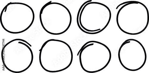 Hand drawn circle set imperfect black rings for emphasis and highlighting on white