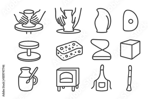 Pottery Workshop Icons. Line style icons of Pottery Workshop: Centering Clay, Pulling Up Wall, Shaping, Rib Tool; Potter’s Wheel,