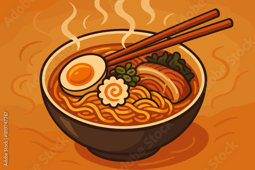 Inviting Ramen Bowl. Steaming bowl of ramen with colorful toppings, chopsticks resting on the bowl, rich textures, vector
