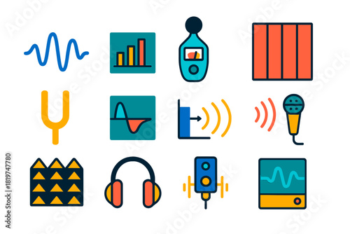 Acoustic Engineering Icons. Flat vector icons of acoustical engineering: sound wave, frequency spectrum, decibel meter, acoustic