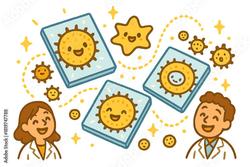 Cheerful Fossil Pollen Exploration. Adorable doodle fossil pollen mapping with cheerful grains, cartoon microscope slides bouncing