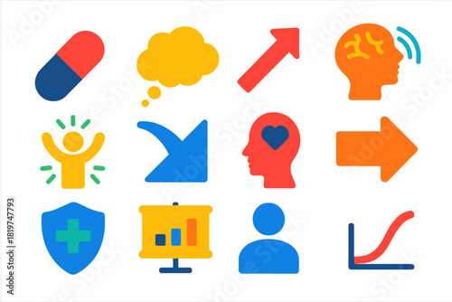 Placebo Effect Icons. Flat vector icons of placebo effects on immunity: pill icon, thought bubble, expectation arrow, brain signal