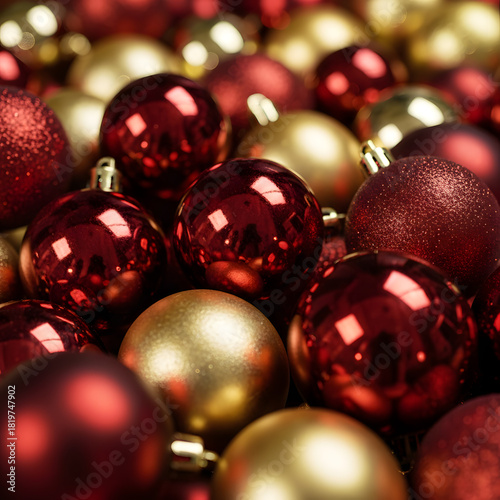 Close Up Pile of Red and Gold Christmas Ornaments