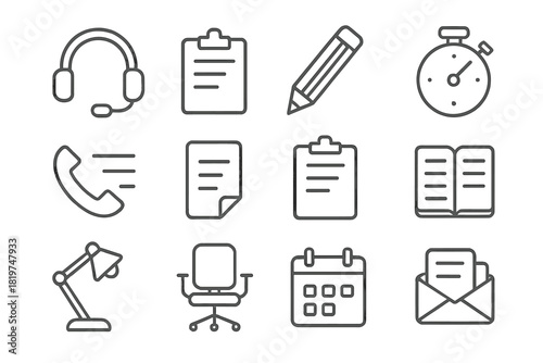 Operator Tools Icons. Line style icons of operator tools: headset, writing pad, pencil, stopwatch; call log, paper slip, clipboard