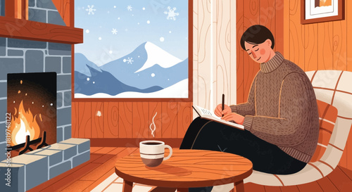 Cozy winter scene: Man writing by fireplace with snowy mountain view illustration