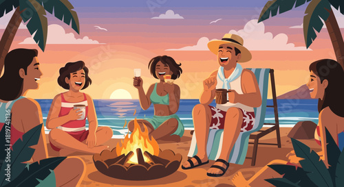 Joyful beachside gathering, friends around bonfire at sunset enjoying coastal relaxation