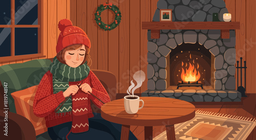 Warmth and comfort: a cozy winter scene by the fireplace with a knitting woman