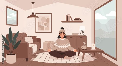 Cozy indoor meditation: a woman finding peace in her serene, mindful living space
