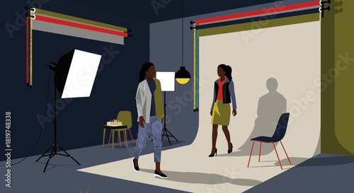 Fashionable photoshoot studio scene with model and photographer creating art