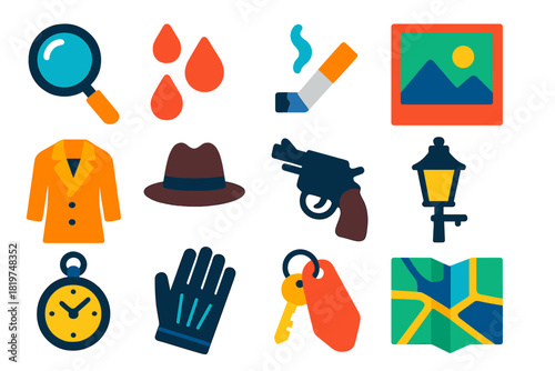 Detective Clues Icons. Flat vector icons of Detective Clues: magnifying glass, blood trail, cigarette butt, crime photo, trench