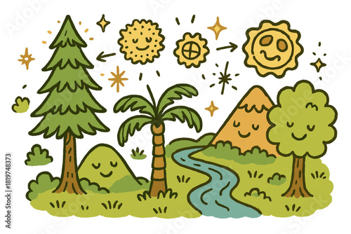 Playful Paleoecology Doodle. Playful doodle paleoecology scene with happy trees, cartoon fossil pollen floating, cheerful