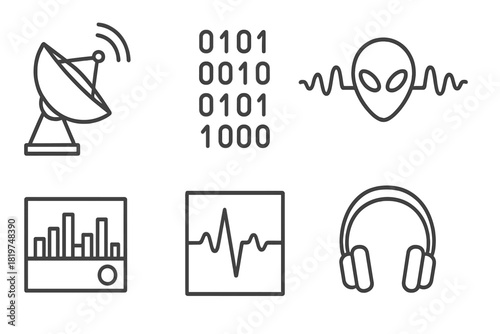 SETI Signal Icons. Line style icons of SETI Signal Search: large radio dish, binary code stream, alien waveform, spectrum analyzer