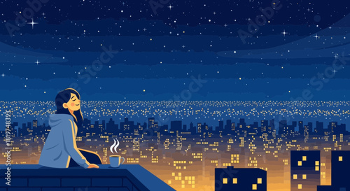 Night rooftop solitude: A girl gazing at the city lights under starry skies