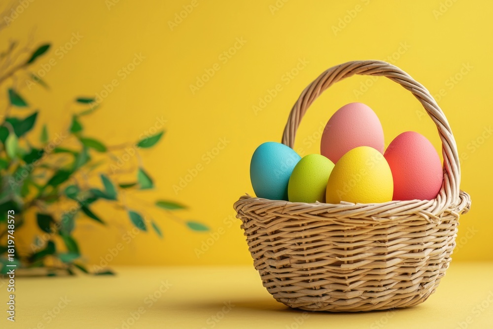 Naklejka premium This vibrant image features a basket filled with beautifully colored Easter eggs, set against a bright yellow backdrop, capturing the essence of a festive spring celebration.