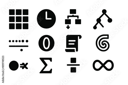 Number Theory Icons. Solid style icons of number theory: integer grid, modular clock, divisibility arrows, factor tree, infinite