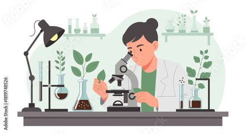 Botanical researcher carefully examining plant under microscope in laboratory