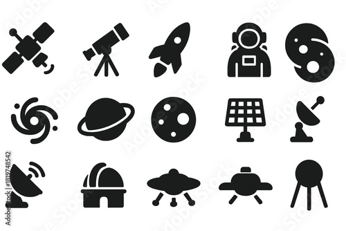 Space Exploration Icons. Solid style icons of Space Exploration: Satellite, Telescope, Rocket, Astronaut, Galaxy, Planet, Moon,