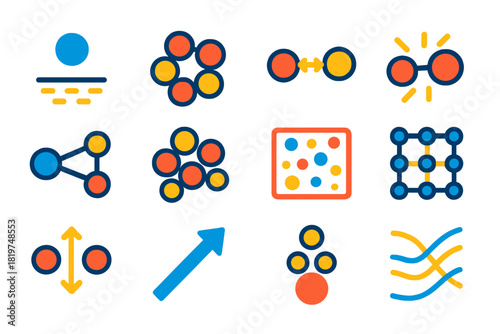 Molecular Icon Set. Flat vector icons of particle and molecular interactions: suspended particle, cluster icon, interaction arrows