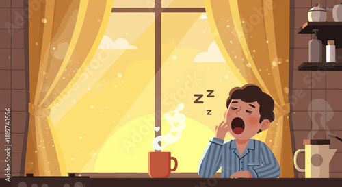 Illustration of a sleepy man yawning with steaming coffee in the morning