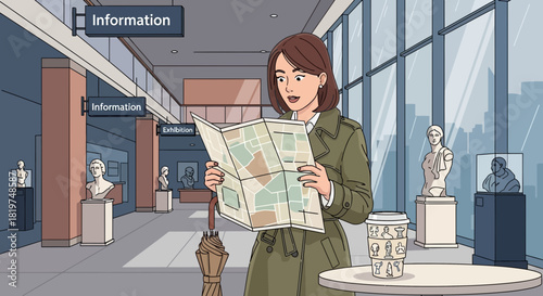 Woman navigating a museum exhibit with a paper map and an artistic flair