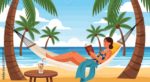Tropical Beach Relaxation: Woman Reading in Hammock Between Palm Trees