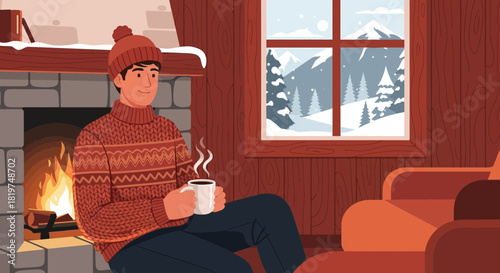 Cozy winter cabin retreat with warm fireplace and snowy mountain view