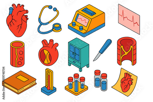 Vintage Cardiology Collection. Isometric vector illustration set Vintage Cardiology: preserved heart figure, antique stethoscope,