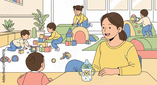 Delightful Daycare Illustration Featuring Children, Play, and Attentive Caregiver
