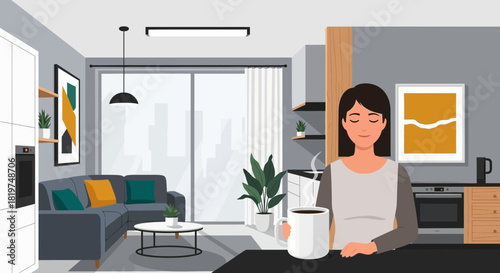 Woman enjoys a peaceful moment with a hot drink in her modern apartment