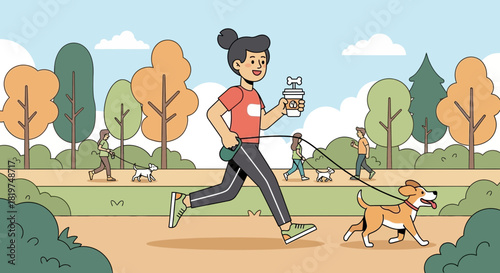 Cartoon illustration portraying active lifestyle with people walking their dogs
