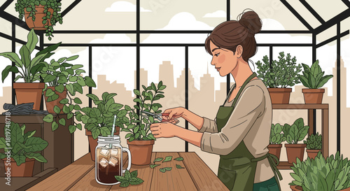 Botanical Bliss: A Woman Nurturing Plants in a Sunlit Greenhouse Oasis