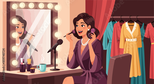 Glamorous preparation: Woman applying makeup in front of illuminated mirror