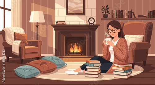 Captivating cartoon illustration portrays relaxation, warmth, and reading enjoyment